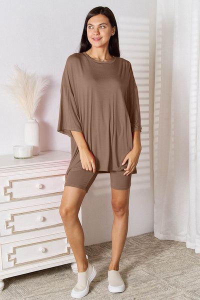 Basic Bae Full Size Soft Rayon Three-Quarter Sleeve Top and Shorts Set - Ebony's Shopping
