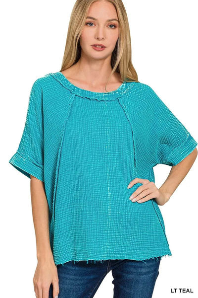 Zenana Washed Double Gauze Exposed Seam Short Sleeve Top - Ebony's Shopping