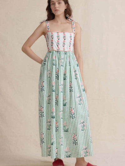 Floral Striped Maxi Cami Dress with Tie Straps - Ebony's Shopping