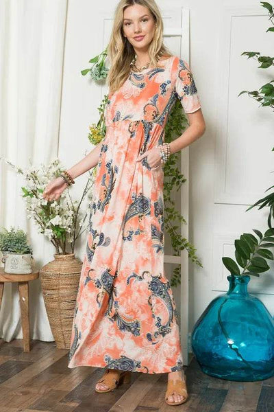 Celeste Paisley Print Short Sleeve Maxi Dress with Pockets - Ebony's Shopping