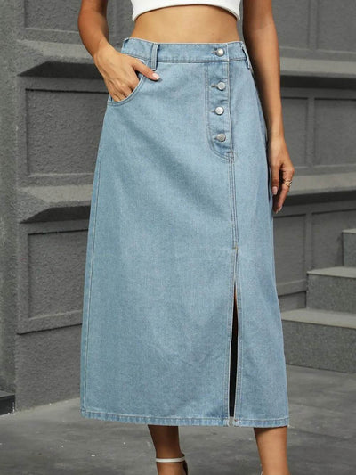 Slit Button Detail Denim Midi Skirt - Ebony's Shopping