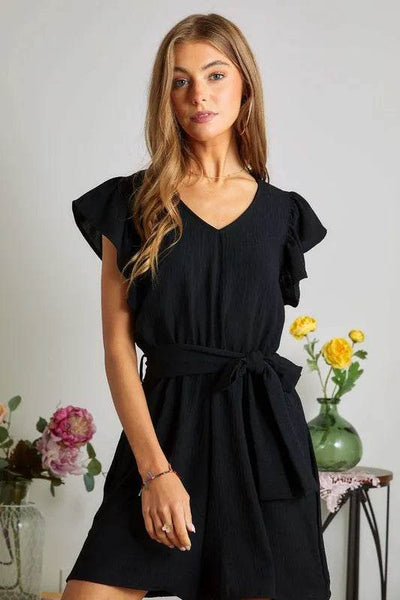 ADORA Ruffle Sleeves Romper with Pockets - Ebony's Shopping