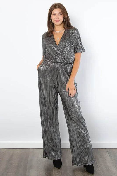 Be Stage Surplice Short Sleeve Pleated Foil Jumpsuit - Ebony's Shopping
