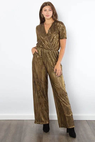 Be Stage Surplice Short Sleeve Pleated Foil Jumpsuit - Ebony's Shopping