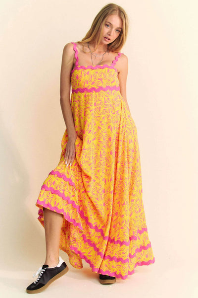 Davi & Dani Geo 2 Tone Printed Wavi Trim Tiered Maxi Dress - Ebony's Shopping