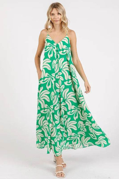 Mittoshop Printed V-Neck Maxi Cami Dress with Pockets - Ebony's Shopping