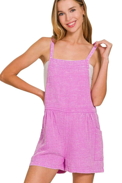 Zenana Washed Double Gauze Tie Back Rompers - Ebony's Shopping