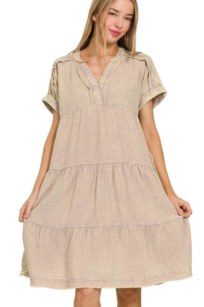 Zenana Washed Double Gauze Raw Edge Notched Dress - Ebony's Shopping