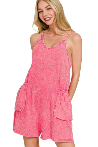 Zenana Acid Crinkle Washed Spaghetti Strap Romper - Ebony's Shopping
