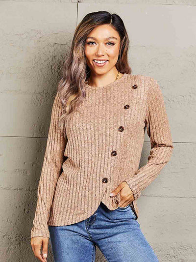 Mandy Ribbed Round Neck Buttoned Long Sleeve Tee - Ebony's Shopping