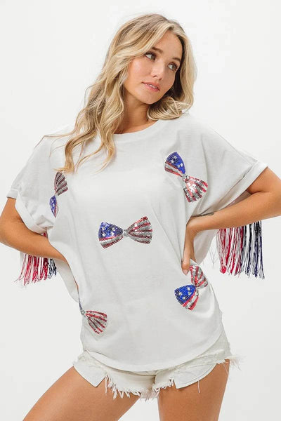 BiBi American Flag Sequin Ribbon T-Shirt - Ebony's Shopping