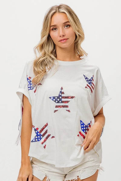 BiBi American Flag Sequin Star Fringe Top - Ebony's Shopping