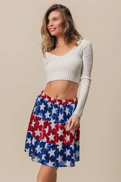 BiBi American Flag Theme Star Sequin Tiered Skirt - Ebony's Shopping