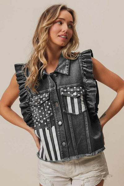 BiBi American Flag Washed Denim Jacket - Ebony's Shopping