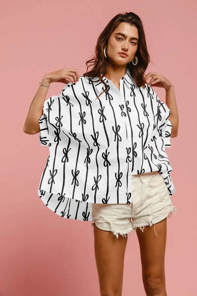 BiBi Bow Ribbon Woven Printed Button Down Shirt - Ebony's Shopping