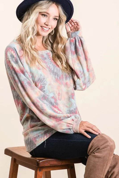 BiBi Brushed Tie Dye Print Top with Puff Sleeves - Ebony's Shopping