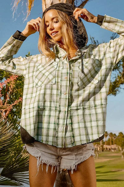 BiBi Casual Check Shirts with Hood - Ebony's Shopping