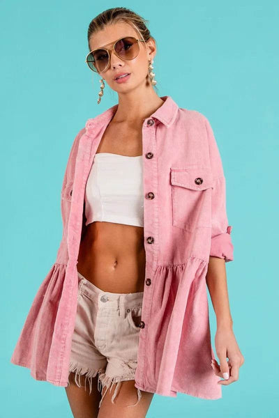 BiBi Corduroy Ruffle Peplum Button Up Shirt - Ebony's Shopping