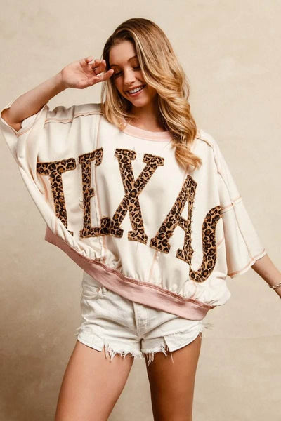 BiBi Leopard Print Texas Patchwork Overlock Stitch Top - Ebony's Shopping