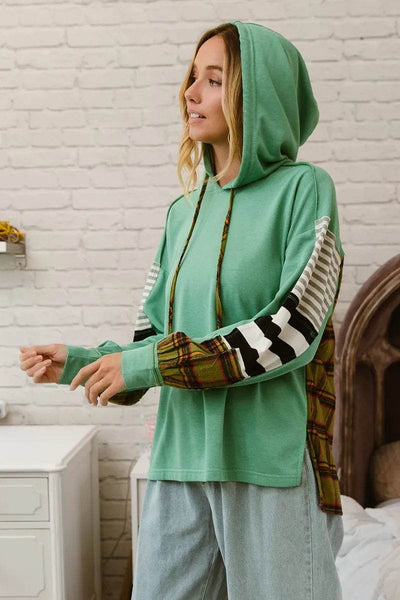 BiBi Plaid With Stripes Mix Match French Terry Hoodie - Ebony's Shopping