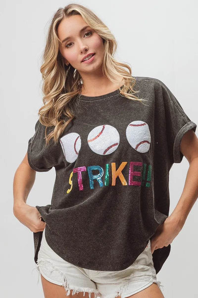 BiBi Sequin Baseballs Strike Washed Short Sleeve Top - Ebony's Shopping