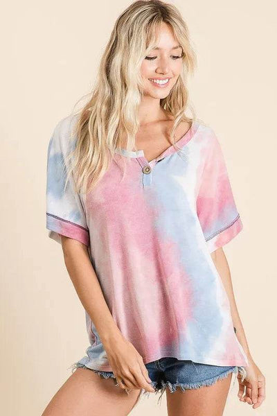 BiBi Tie Dye French Terry Top With Buttoned Placket - Ebony's Shopping