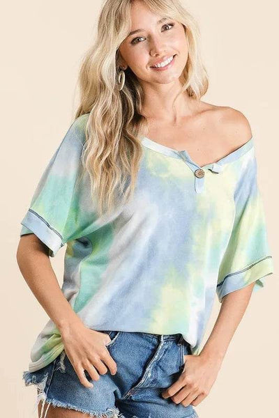 BiBi Tie Dye French Terry Top With Buttoned Placket - Ebony's Shopping