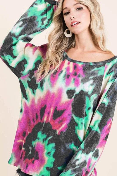 BiBi Tie Dye Print Terry Top with Puff Sleeves - Ebony's Shopping