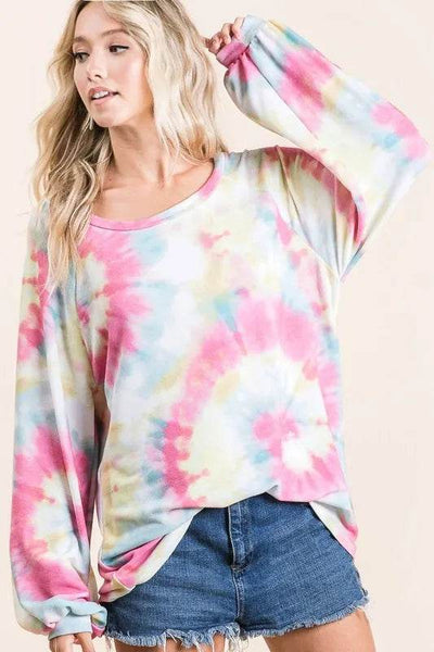 BiBi Tie Dye Print Terry Top With Puff Sleeves - Ebony's Shopping