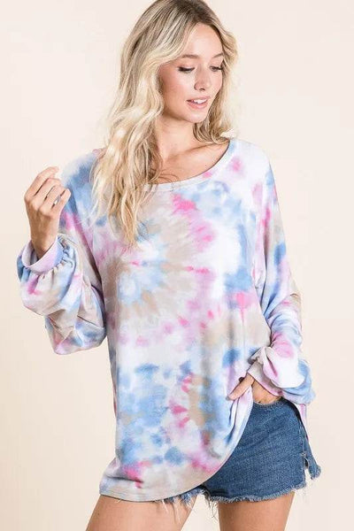 BiBi Tie Dye Print Terry Top With Puff Sleeves - Ebony's Shopping
