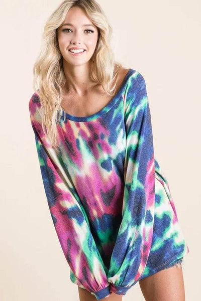 BiBi Tie Dye Print Terry Top with Puff Sleeves - Ebony's Shopping