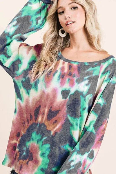 BiBi Tie Dye Print Terry Top with Puff Sleeves - Ebony's Shopping