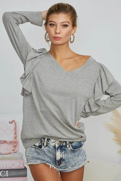 BiBi Triblend V Neck Top with Shoulder Shrring Detail - Ebony's Shopping