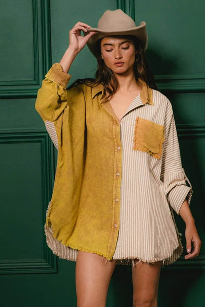 BiBi Washed Raw Hem Shirt - Ebony's Shopping