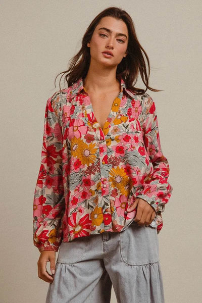 BiBi Woven Floral Printed Shirt Top - Ebony's Shopping