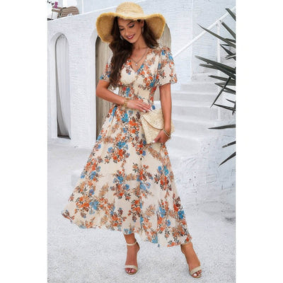 Boho Floral Print High Waist Band Fit Lined Dress - Ebony's Shopping