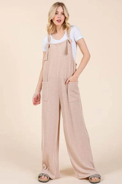 BOMBOM Knot Straps Wide Leg Ribbed Overalls with Pockets - Ebony's Shopping
