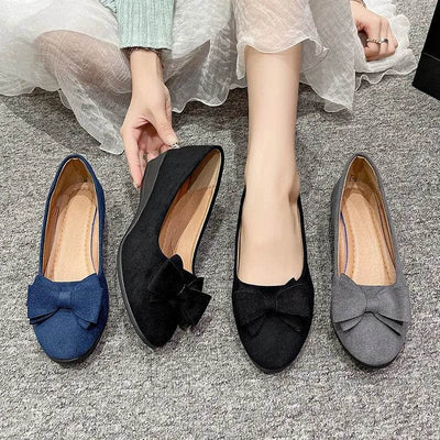 Bow Point Toe Low Heel Slip-Ons - Ebony's Shopping