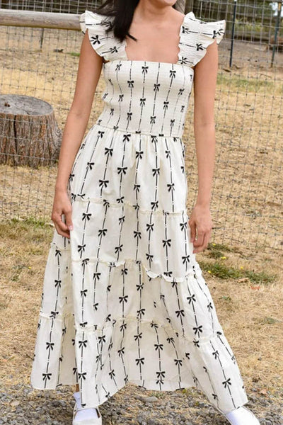 Bow Print Smocked Square Neck Ruffle Tiered Maxi Dress - Ebony's Shopping