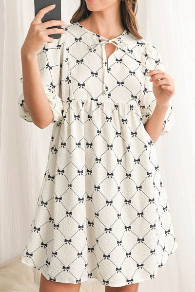 Bow Print Tie Neck Half Sleeve Dress - Ebony's Shopping