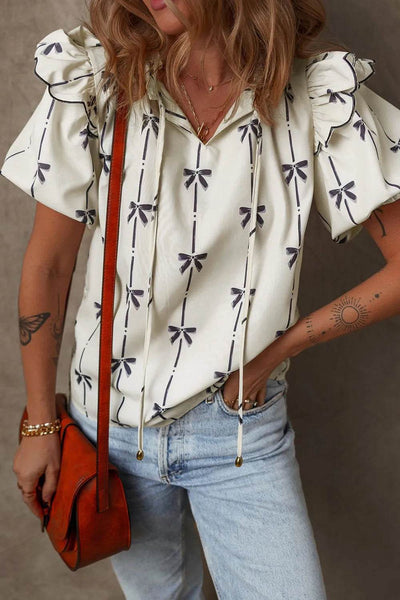 Bow Print Tie Neck Short Sleeve Blouse - Ebony's Shopping