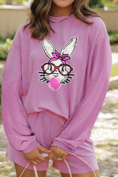 Bubble Gum Rabbit Sequin Corded Rib Top and Shorts Set - Ebony's Shopping