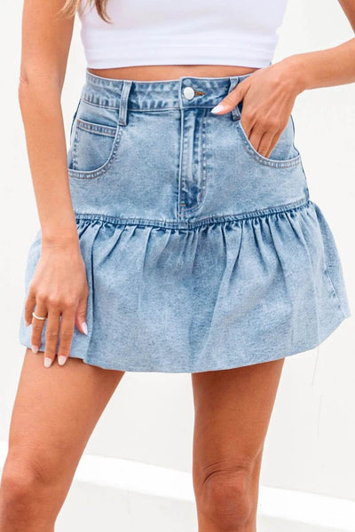 Bubble Hem Denim Mini Skirt - Ebony's Shopping