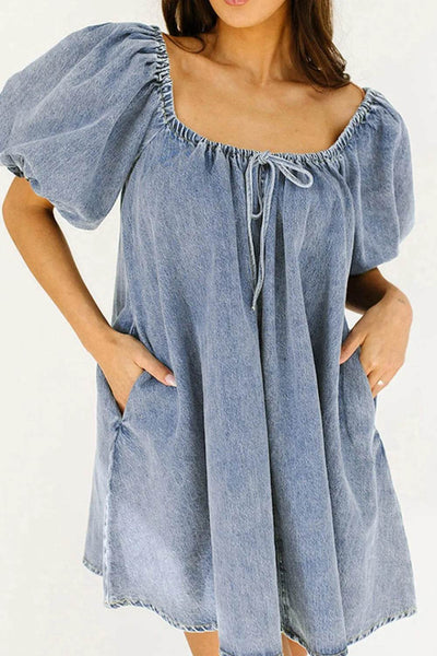 Bubble Sleeve Square Neck Denim Babydoll Dress - Ebony's Shopping