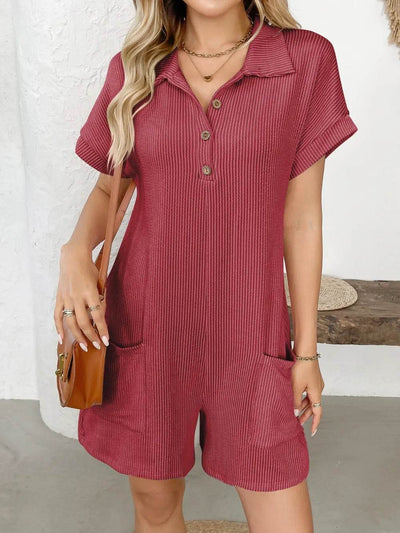 Button Detail Collared Neck Short Sleeve Romper - Ebony's Shopping