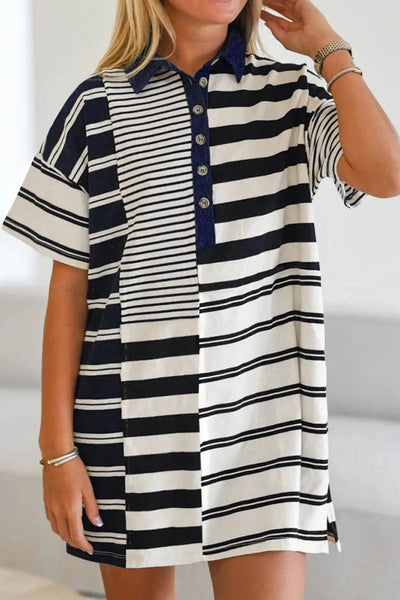 Button Detail Striped Short Sleeve Mini Dress - Ebony's Shopping