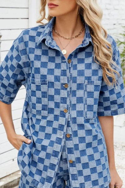 Button Down Checkered Denim Shirt - Ebony's Shopping