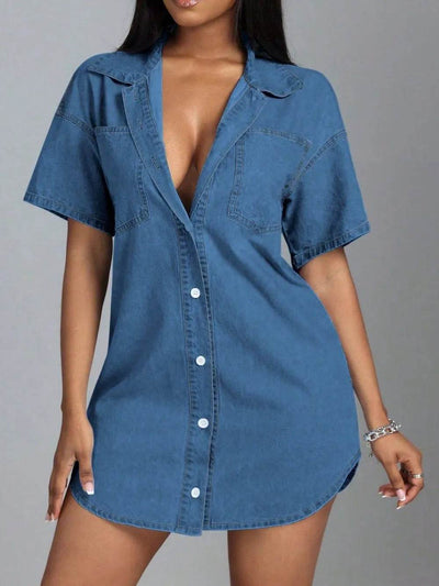 Button Down Collared Neck Denim Dress - Ebony's Shopping