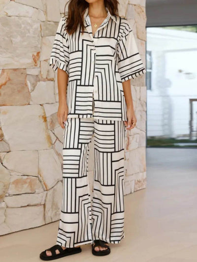 Button Down Half Sleeve Top and Pants Set - Ebony's Shopping