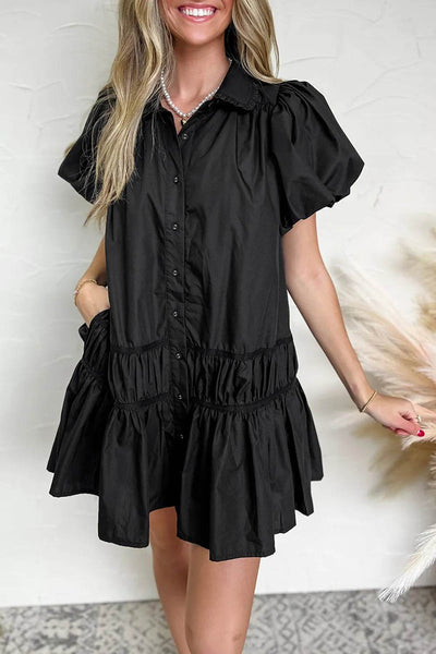 Button Down Puff Sleeve Ruffle Hem Dress - Ebony's Shopping